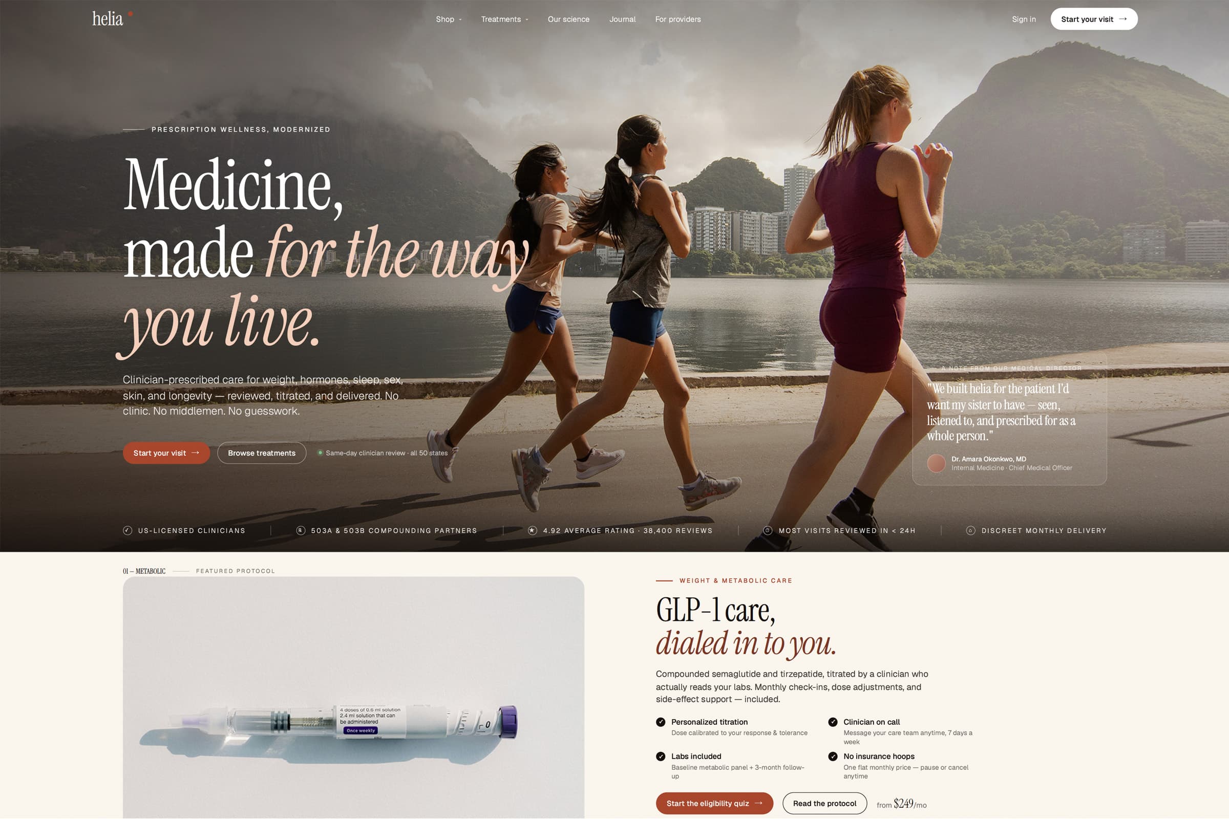 Example of a custom direct-to-consumer telehealth brand homepage built on Teligant Enterprise, featuring GLP-1 weight loss, hormone therapy, and longevity care.