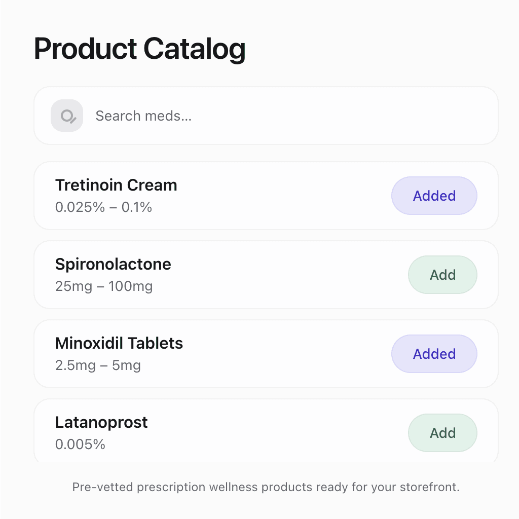 Zaya product catalog showing prescription wellness products with add-to-storefront controls