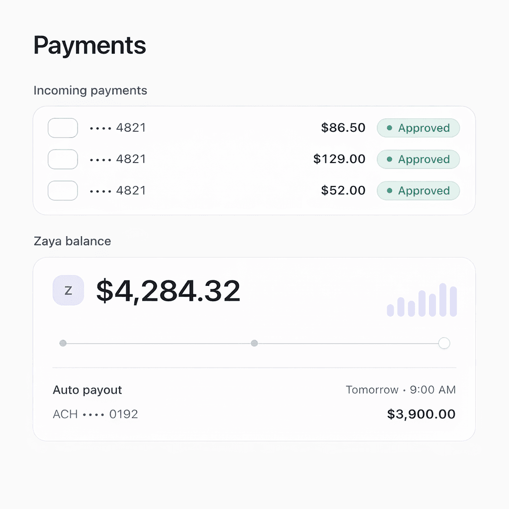 Zaya payments dashboard showing incoming payments, balance, and automatic payouts