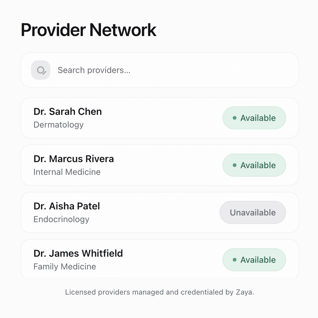 Zaya provider network showing licensed physicians across specialties with availability status